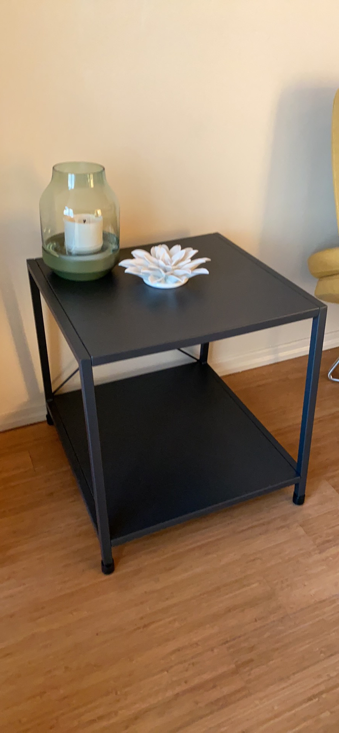 Metal side table or night stand with shelf. 19.5”w 21”D 20”H