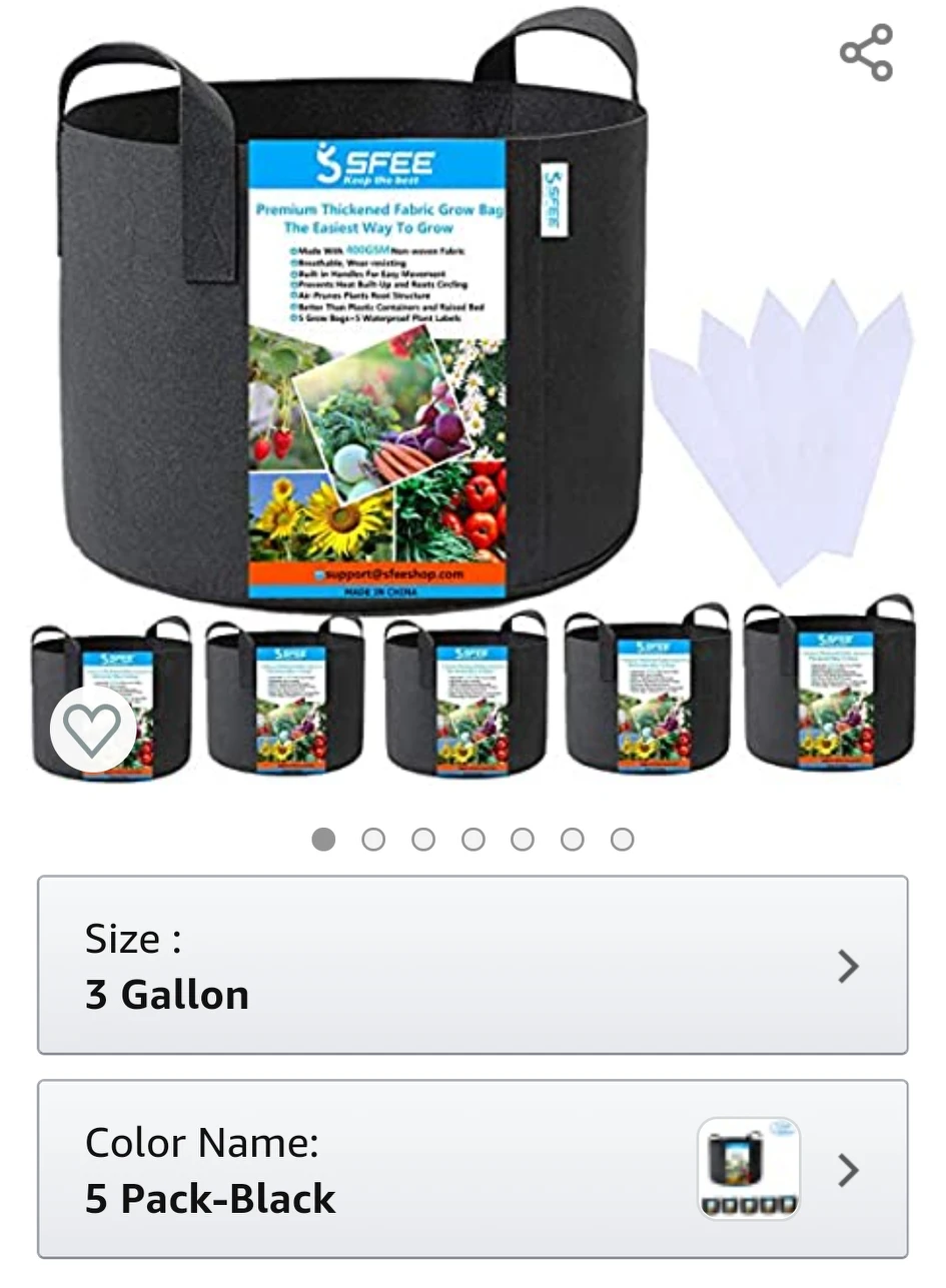Sfee 5 Pack 3 Gallon Grow Bags