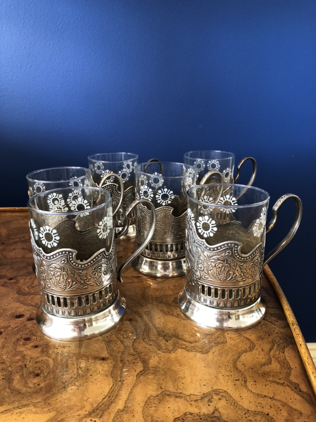 Vintage Russian Tea Glass Holders with glasses (set of six)