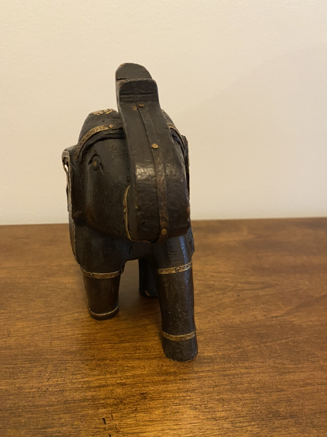 Wood elephant with gold and brass metal decorations.  - photo 4