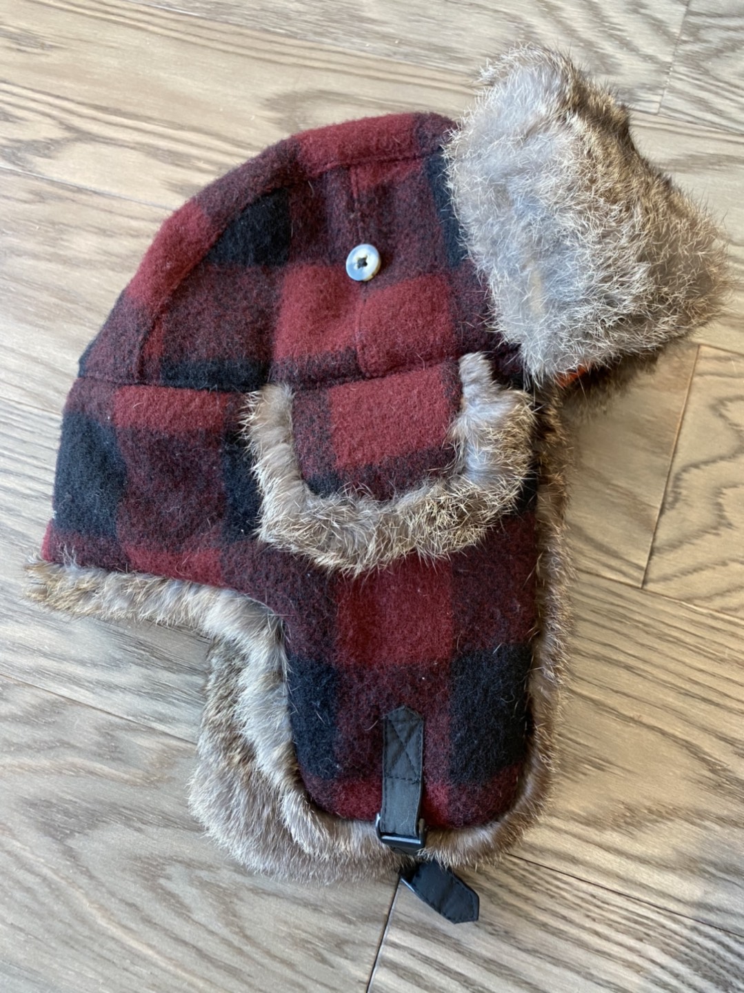 L.L Bean, Madd bomber Rabbit fur hat with red plaid.