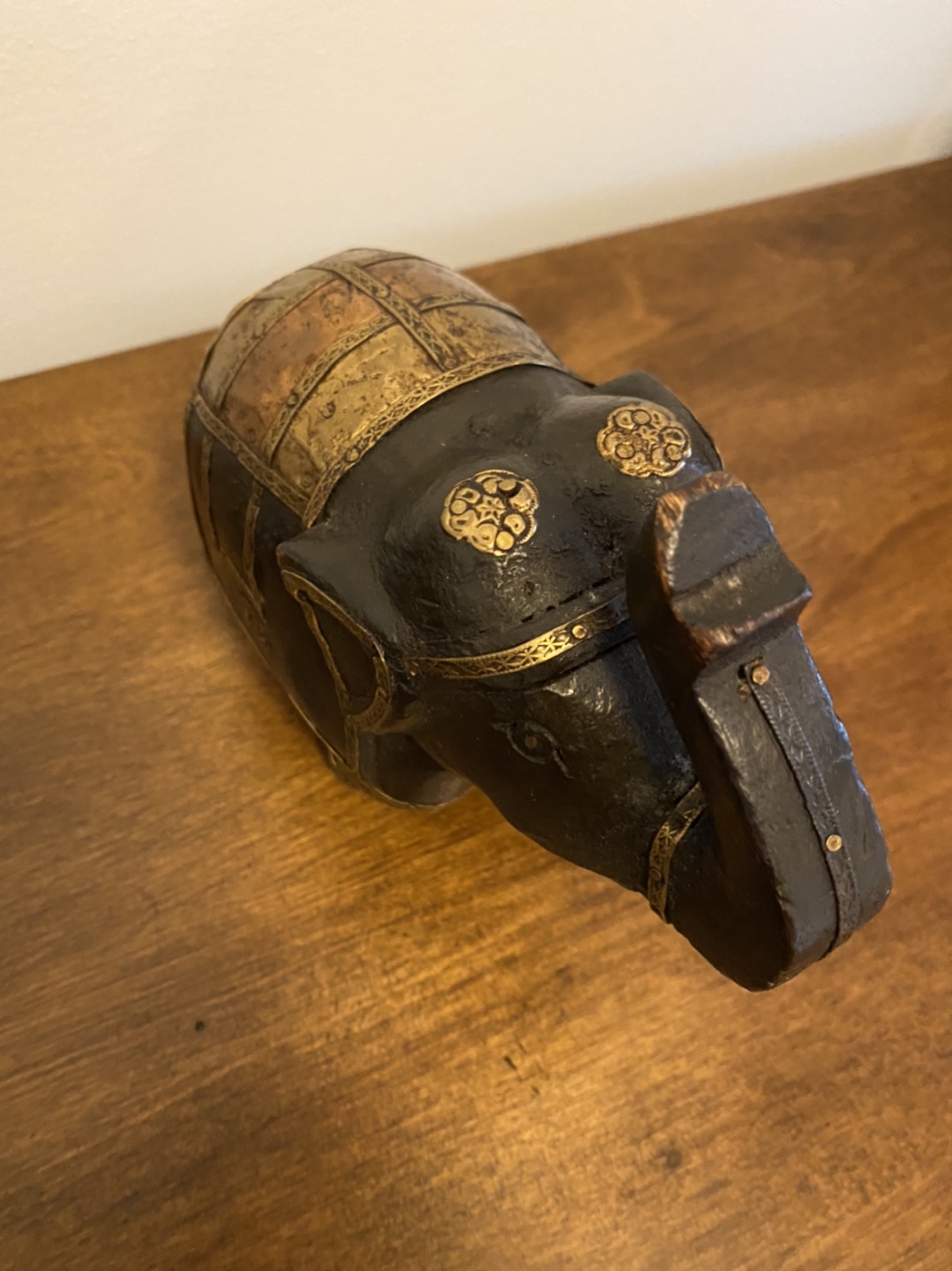 Wood elephant with gold and brass metal decorations.  - photo 3