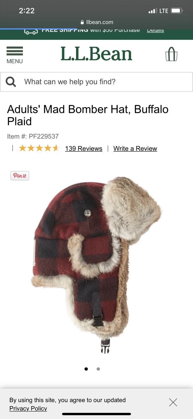 L.L Bean, Madd bomber Rabbit fur hat with red plaid. - photo 2