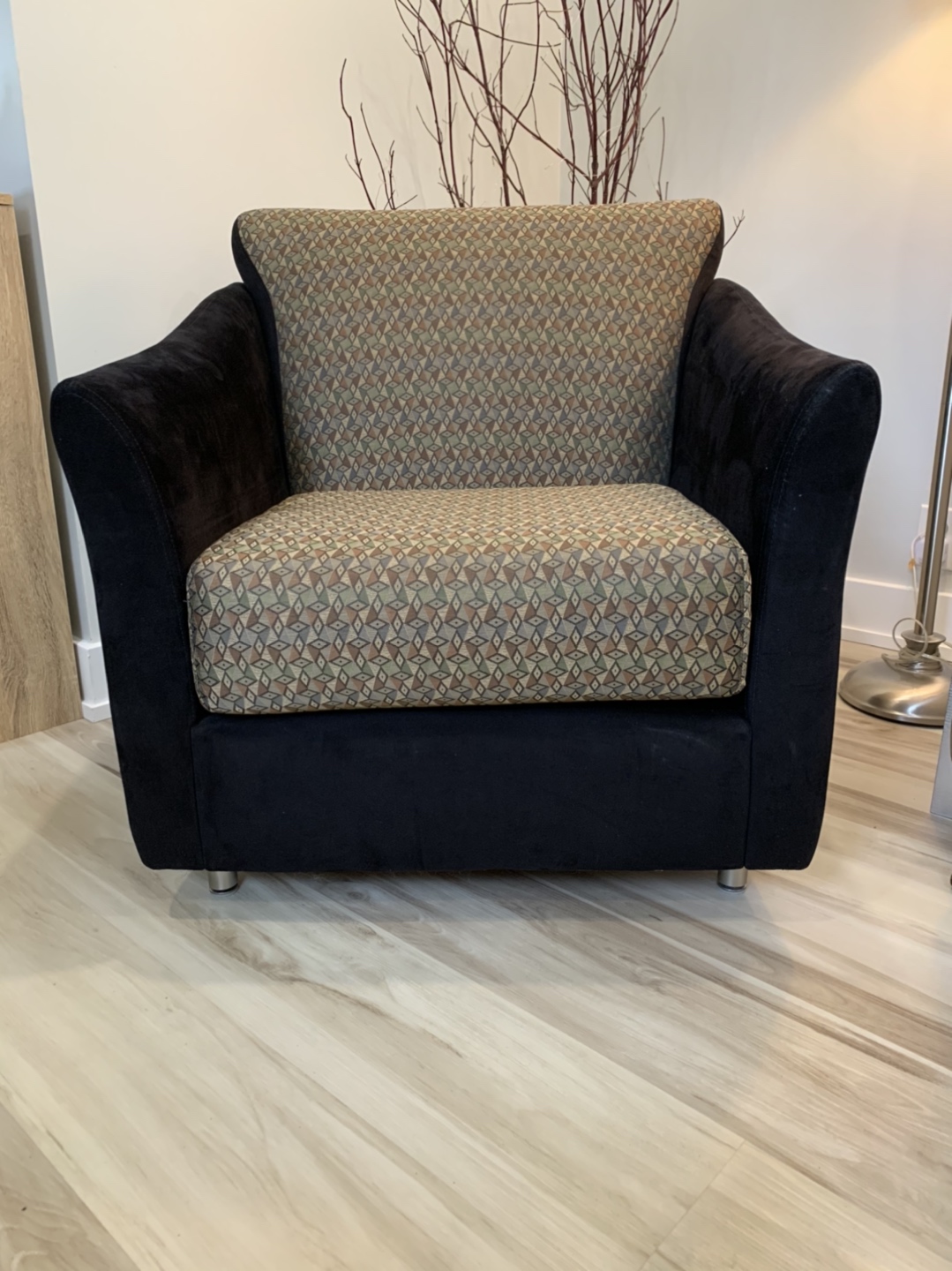 Black microfibre w/multi print upholstery chair - immaculate  thumbnail