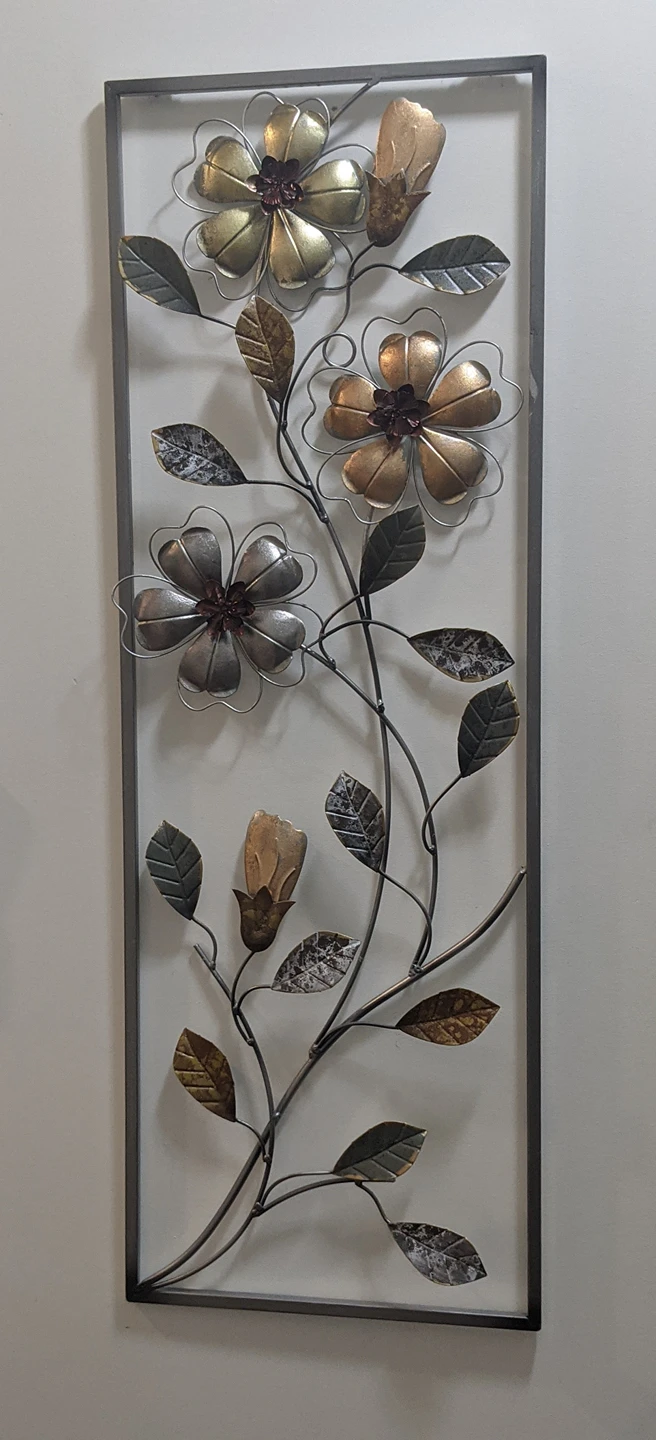 flower and leaves metal/aluminum wall decor with frame 12" x 36"