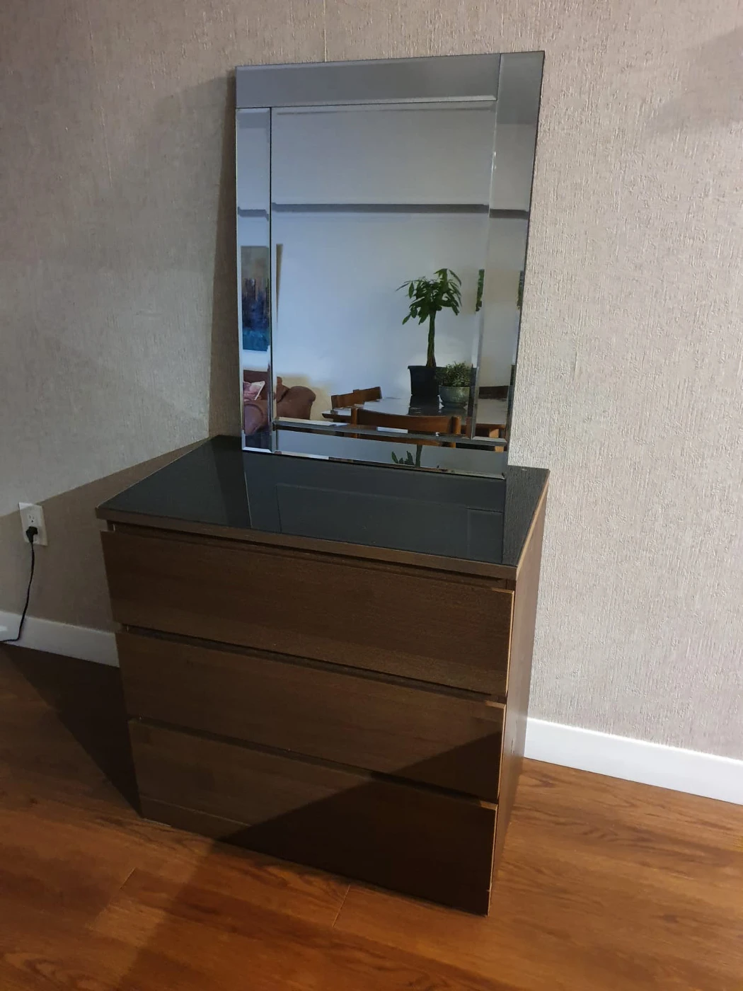 3-Drawer Brown Chest with smoky glass on top thumbnail