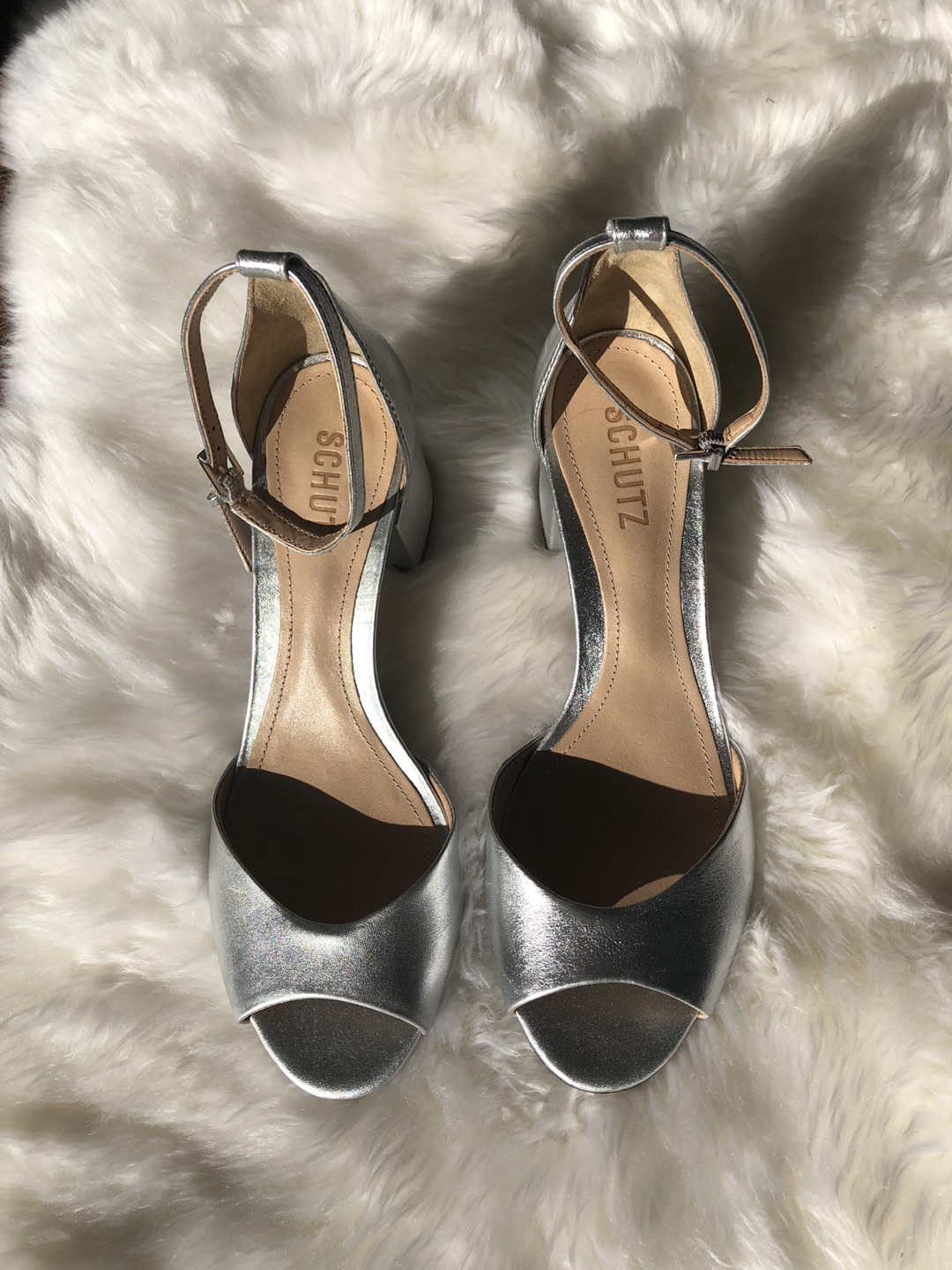 New Schutz Leather Silver Sandals w ankle strap  thumbnail