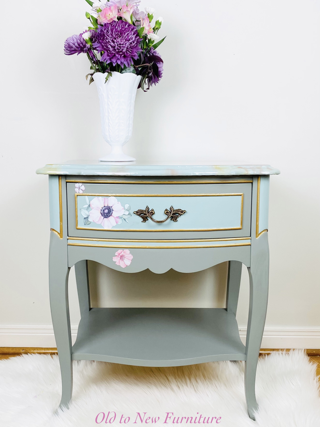 Stunning Marble Epoxy Top Refinished French Provincial End Table