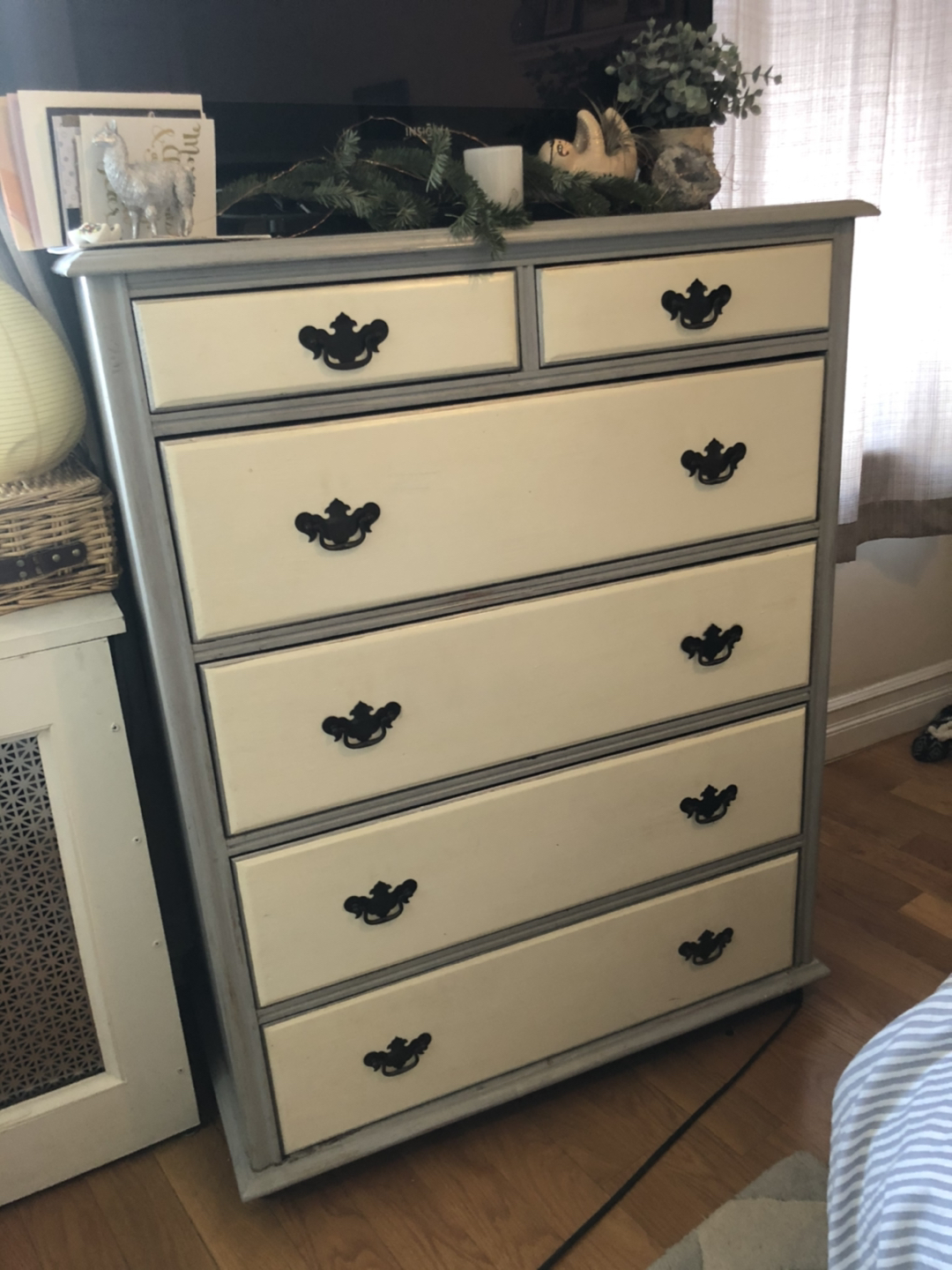 Adorable antique gray and white dresser 