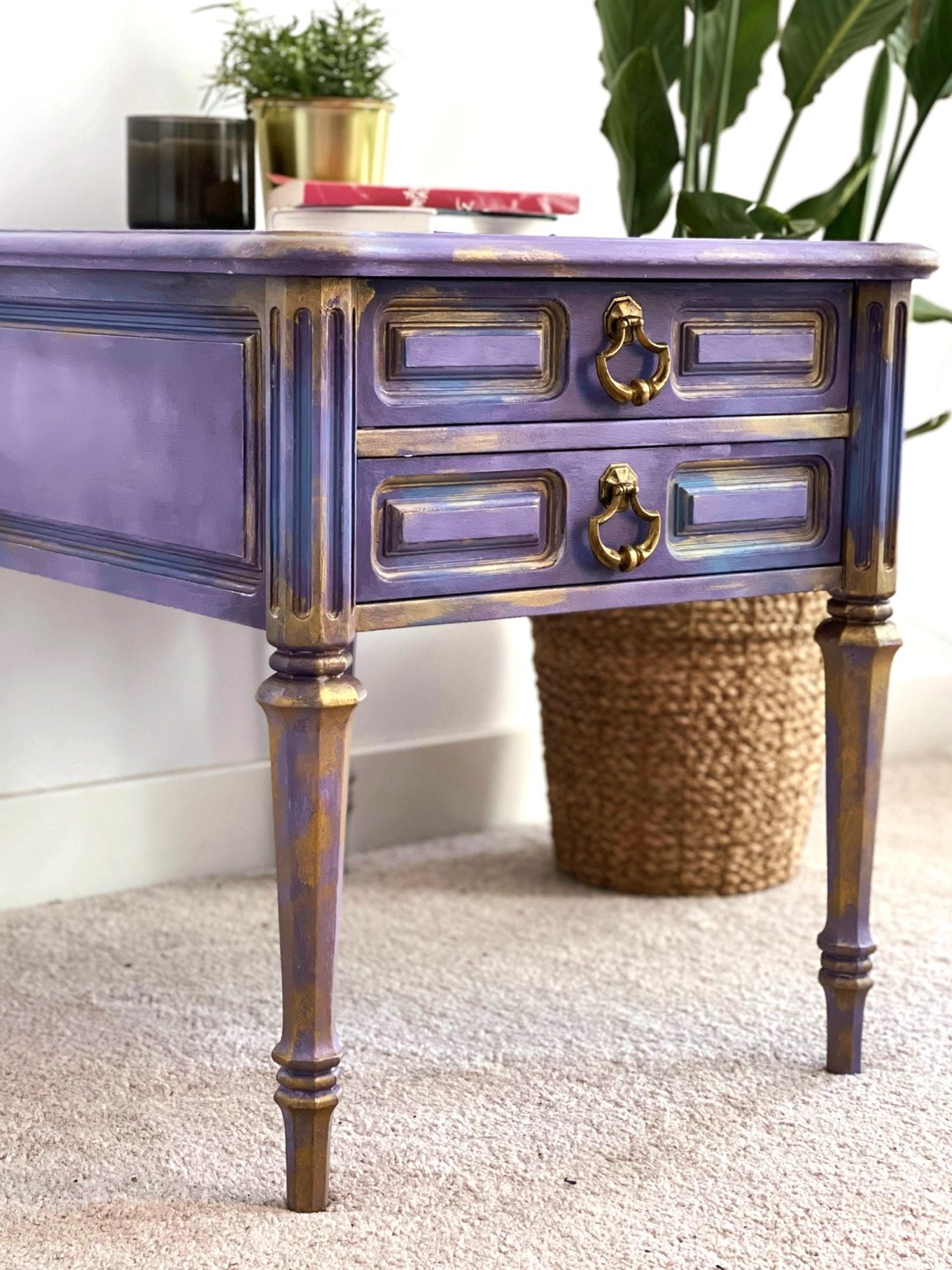Solid wood vintage coffee table with drawers thumbnail