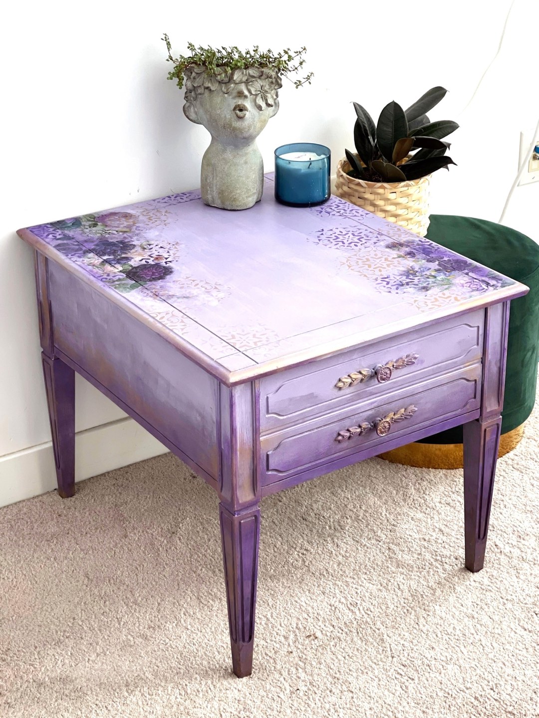 Solid Wood Floral Boho Style Table with Drawer thumbnail