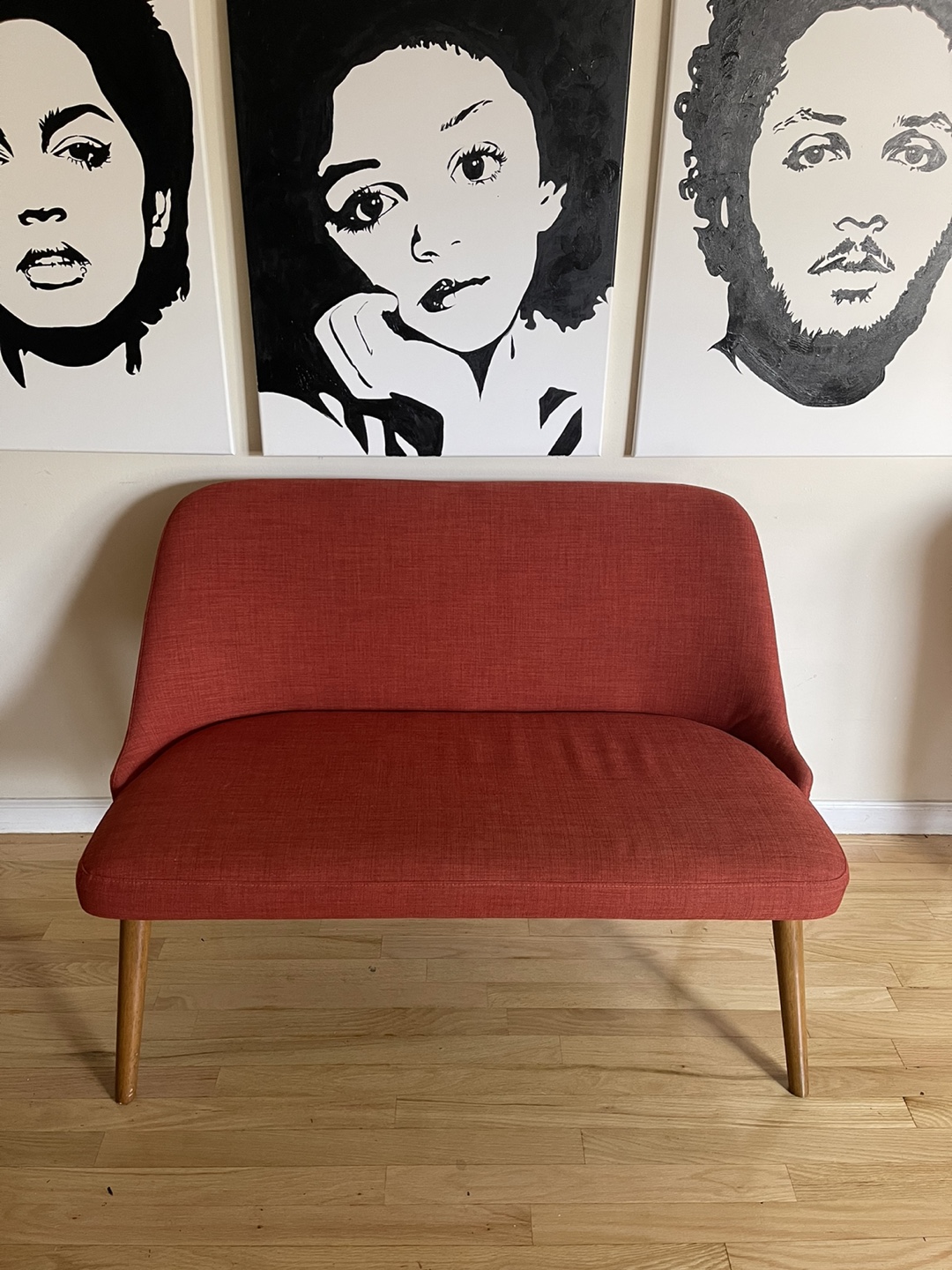West elm red retro bench sofa 