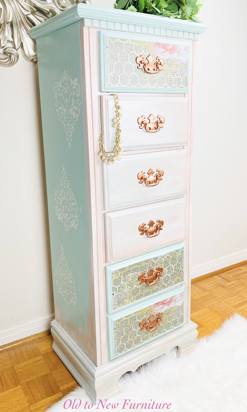 Gorgeous 6 Drawer Lingerie Chest-Pink, Teal with Decoupage Paper
