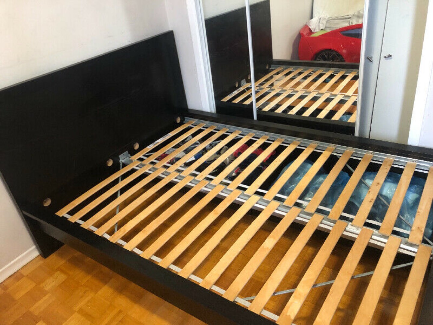 High bed frame/2 storage boxes, black-brown/ Queen size