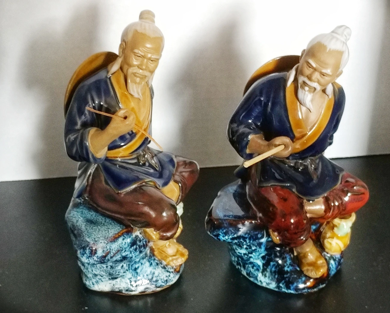 2 Vintage Chinese  mud man ceramic fisherman figurines thumbnail