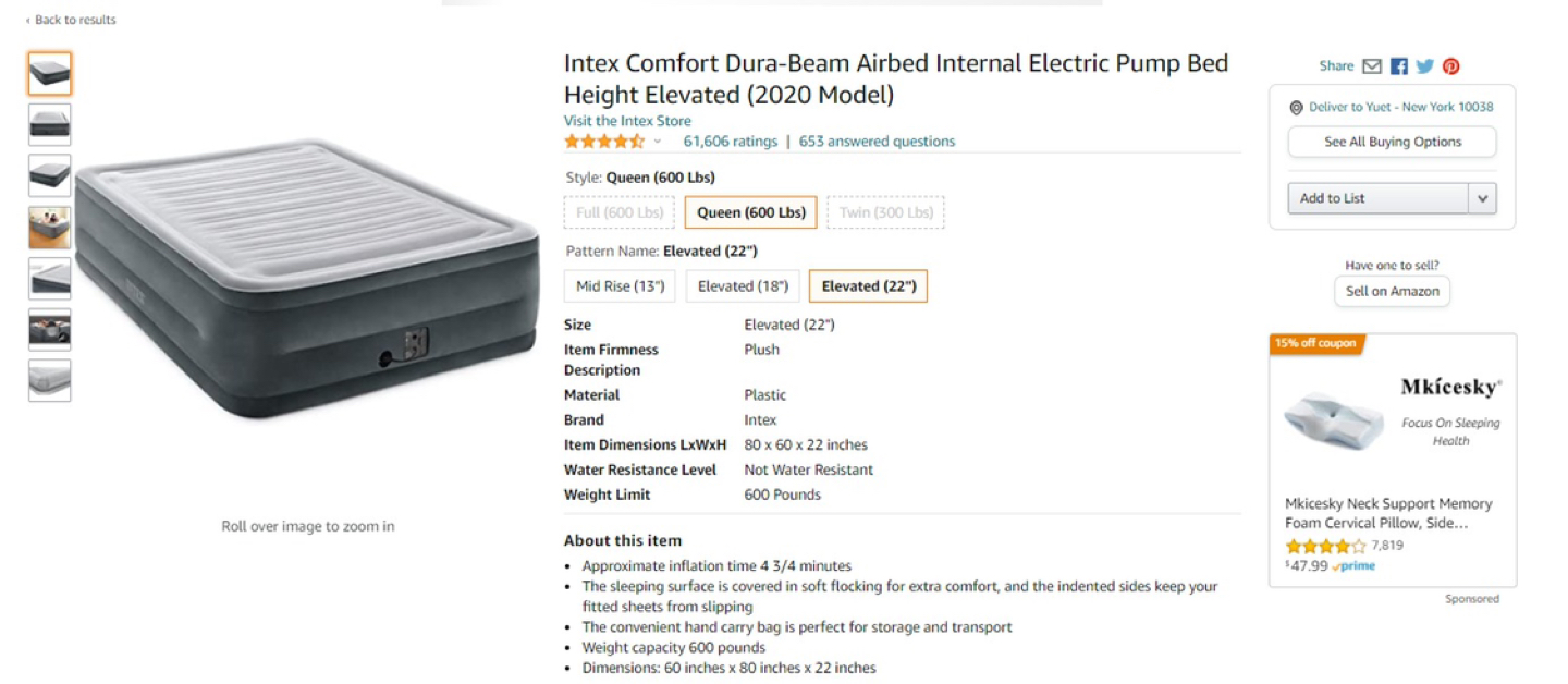 Intex Comfort Airbed Internal Electric Pump Bed