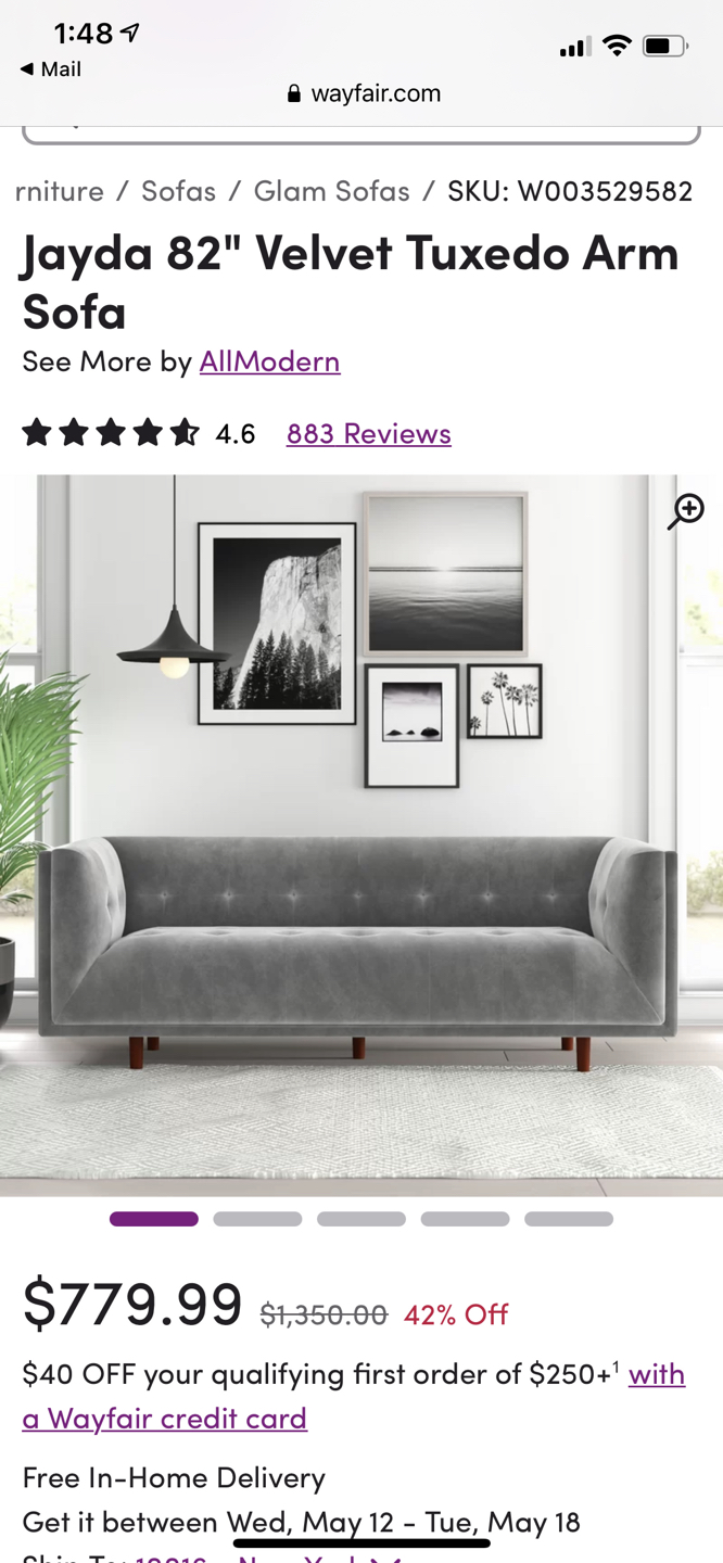 Wayfair Velvet Tuxedo Arm Sofa (Almost NEW condition) - photo 2