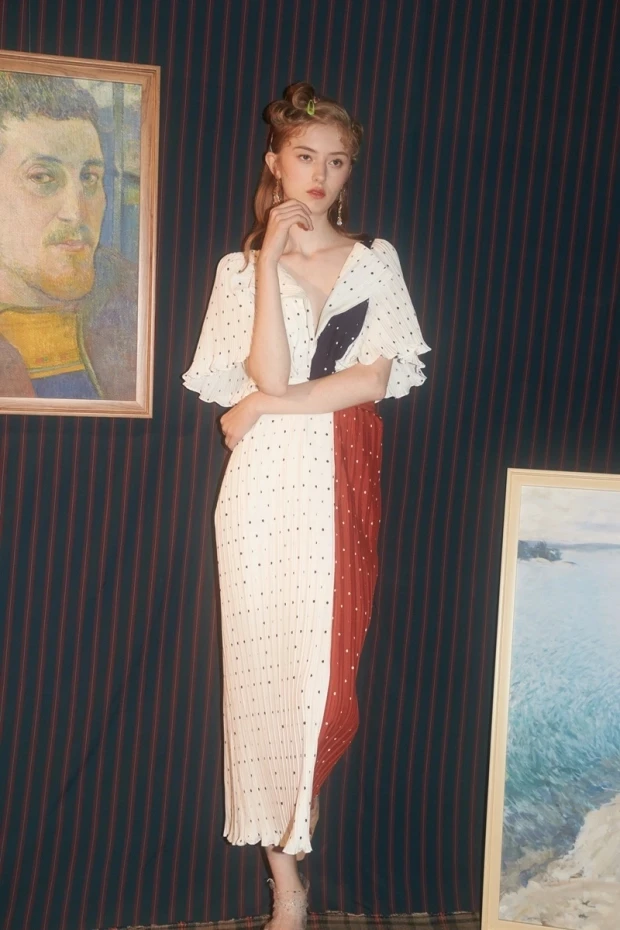 pleated asymmetrical polka-dot long dress - photo 2