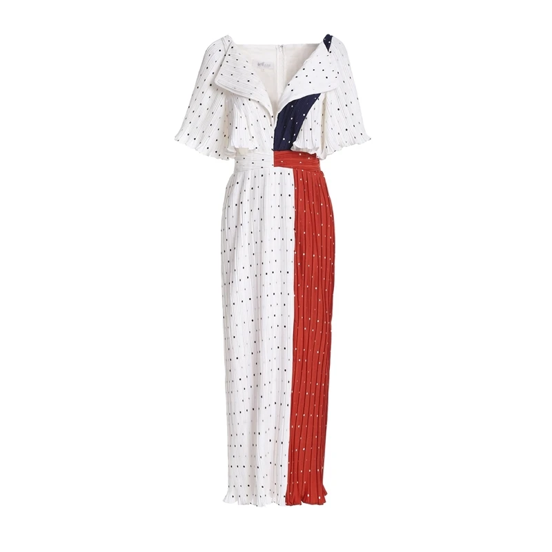 pleated asymmetrical polka-dot long dress