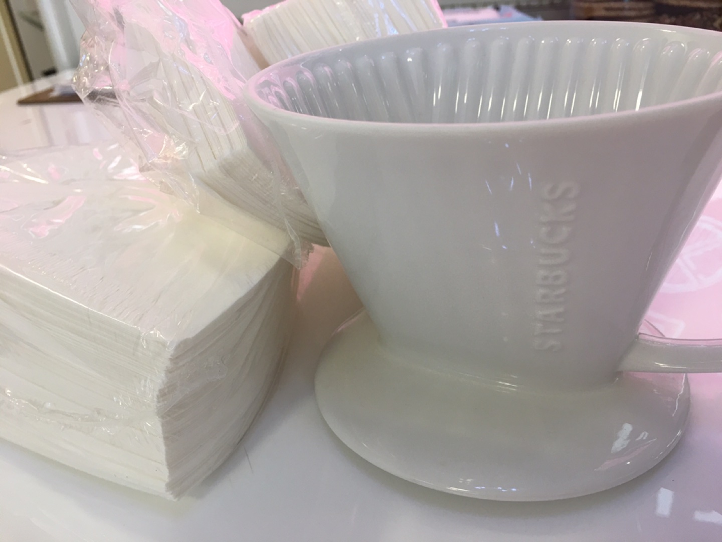 Starbucks ceramic coffee filter and coffee filter paper. thumbnail
