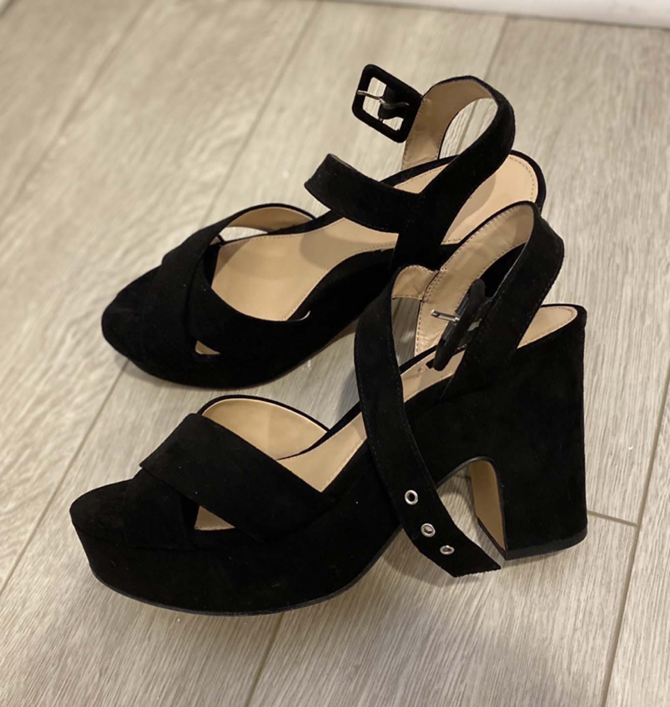 Ankle-Wrap Black Sandals / Platform (Size: US 7.5 / EUR 38)