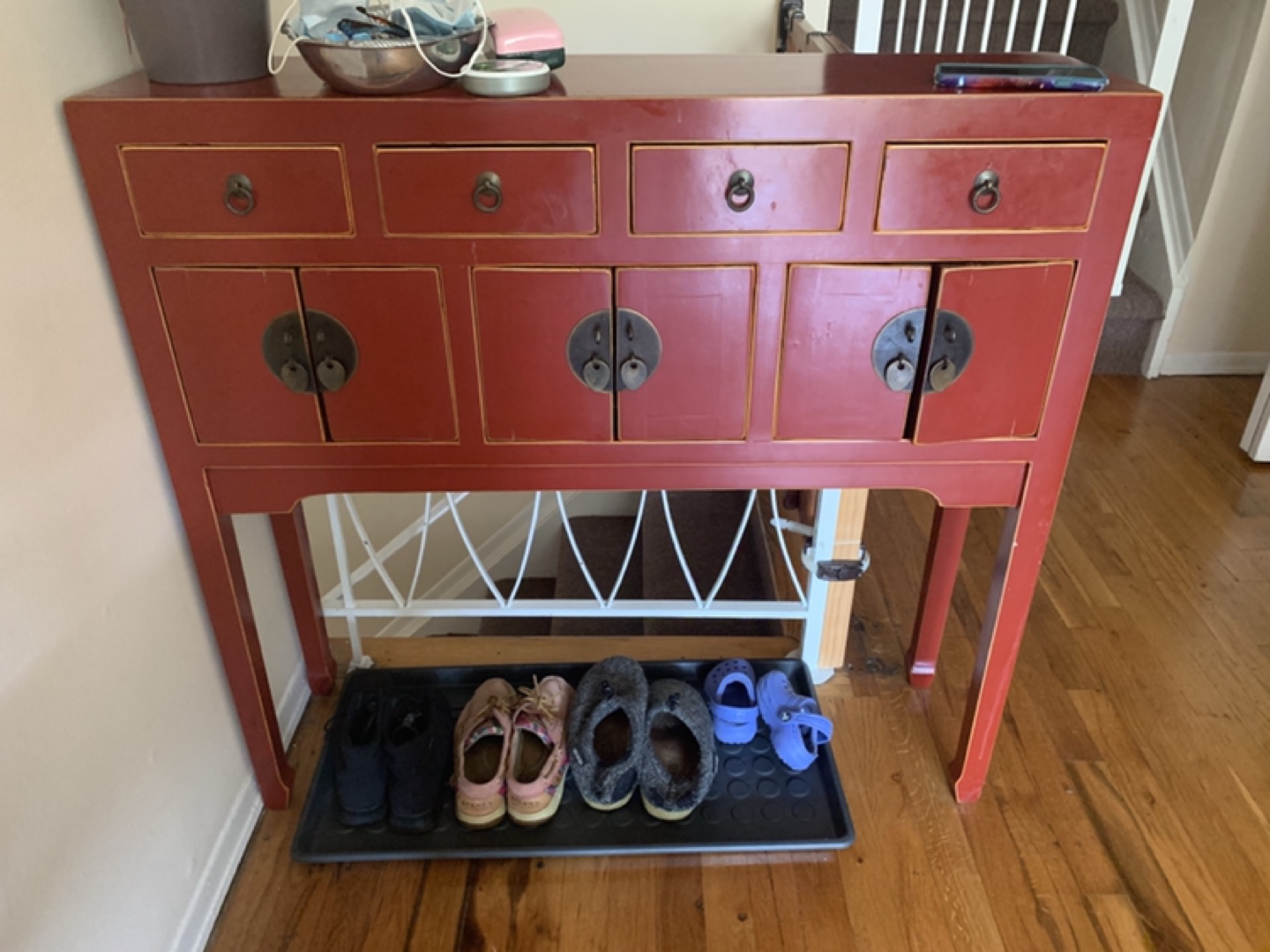Red Chinese Console Lacquer Lady Chest or Side Table Hall Piece