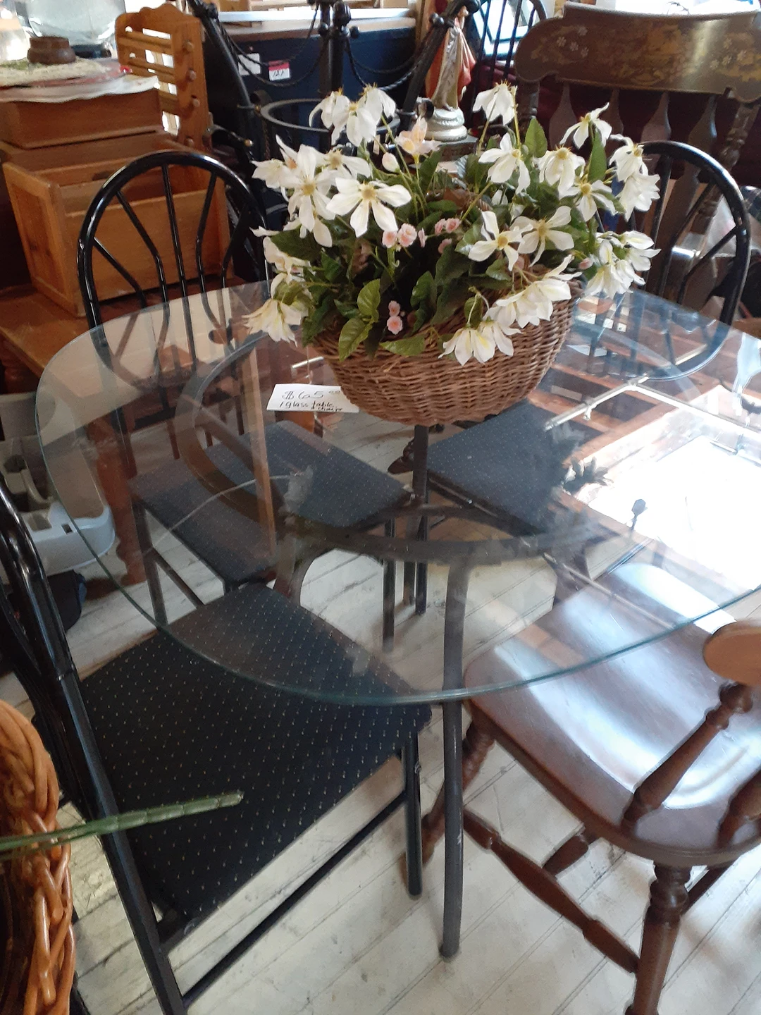 Glass top table, and chairs