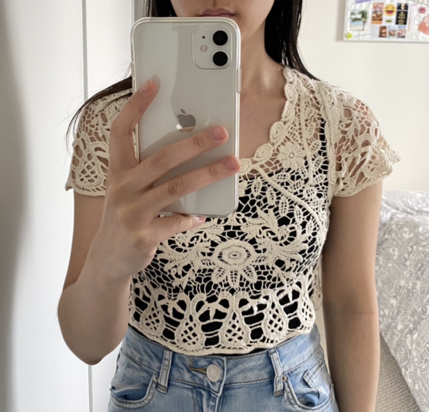 Beige Crochet Crop Top - Size Small thumbnail