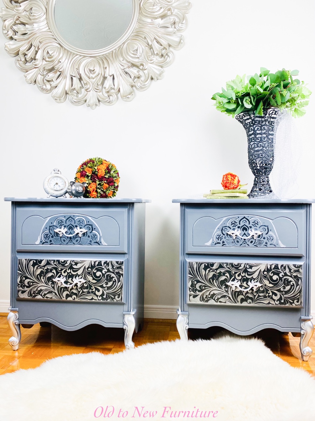Exclusive Decoupaged French Provincial Grey Nightstands