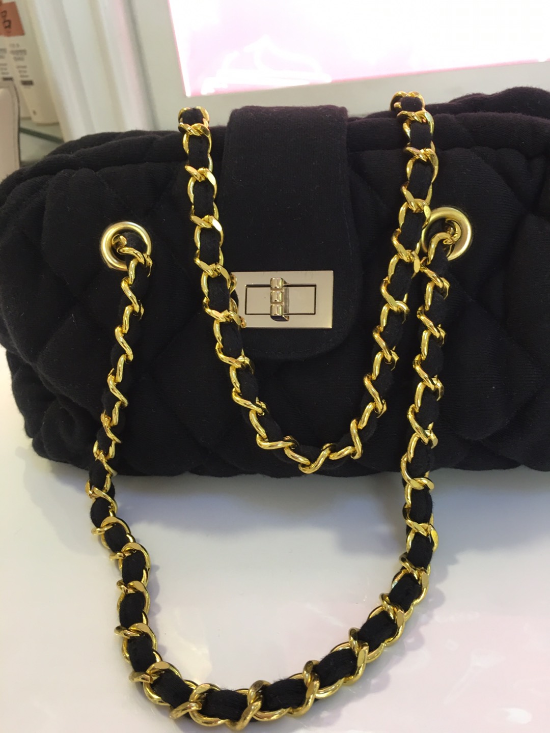 Quilted black color fabric hand bag  thumbnail