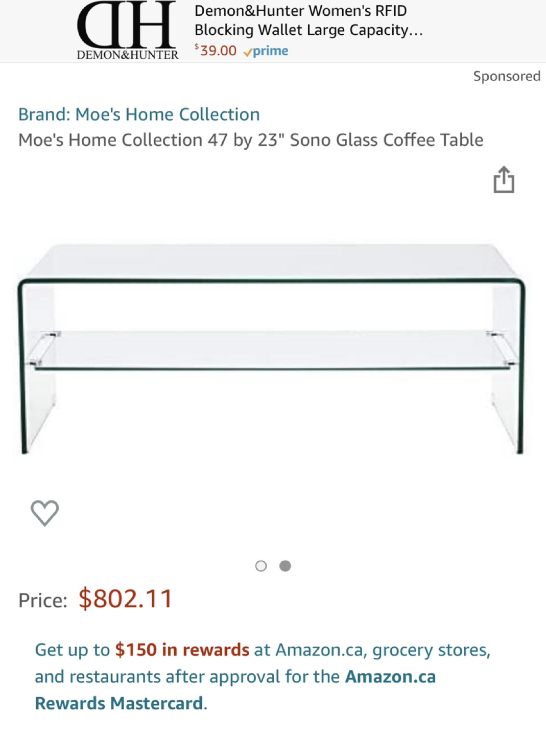 Moe’s Home collection 47 by 23” Sono Glass Coffee Table