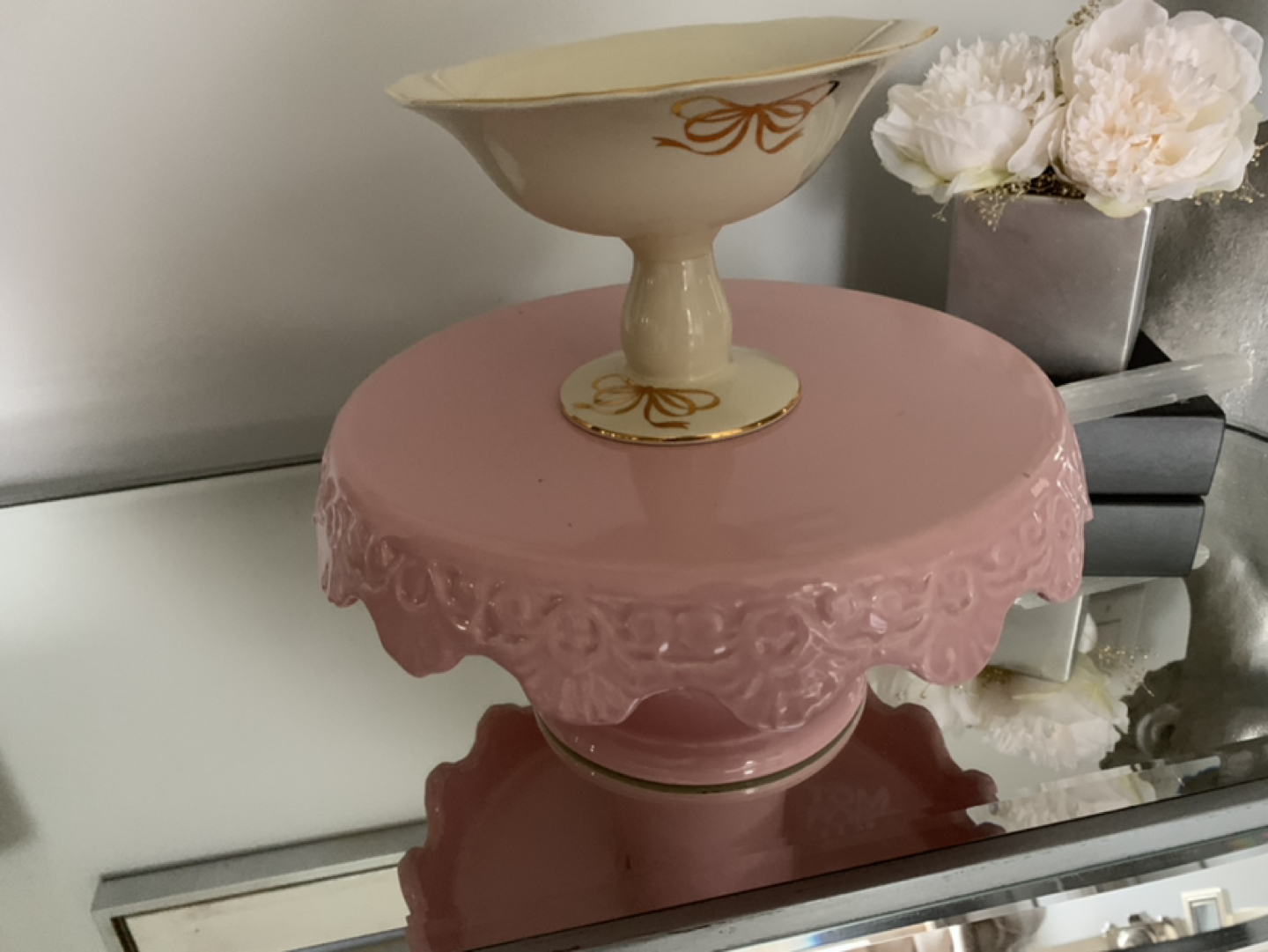 Blush pink Homesense Cake stand and gold trim dessert vase