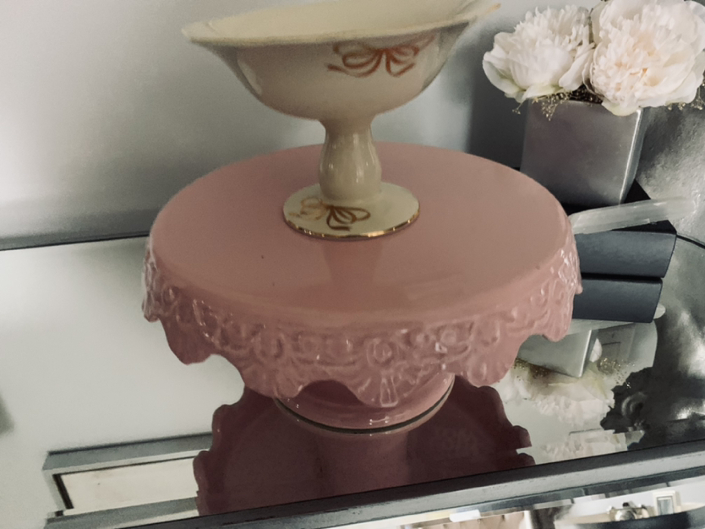 Blush pink Homesense Cake stand and gold trim dessert vase - photo 4