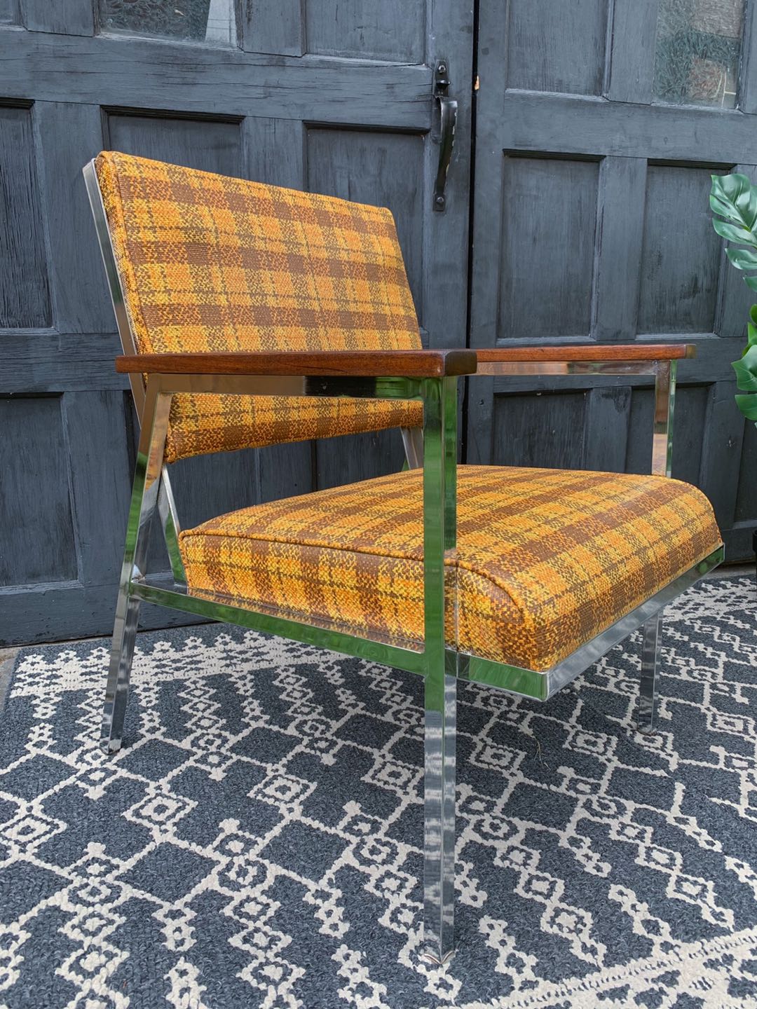 MCM Vintage Yellow Plaid and Chrome Chair with Walnut Accents  - photo 3