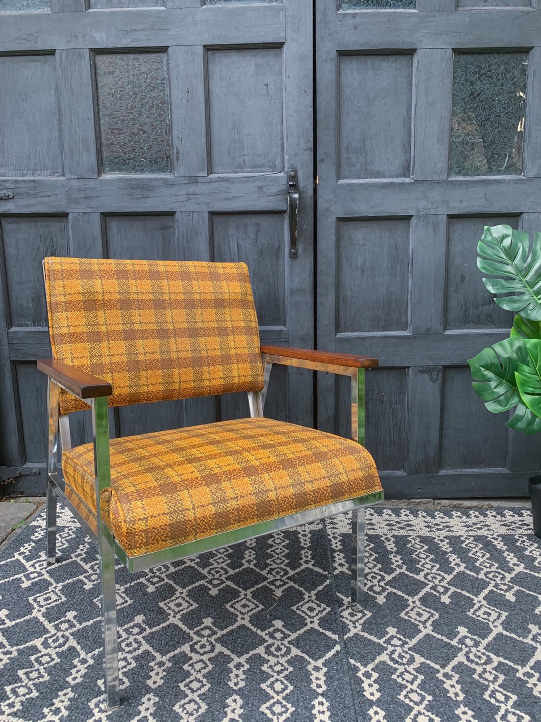MCM Vintage Yellow Plaid and Chrome Chair with Walnut Accents 