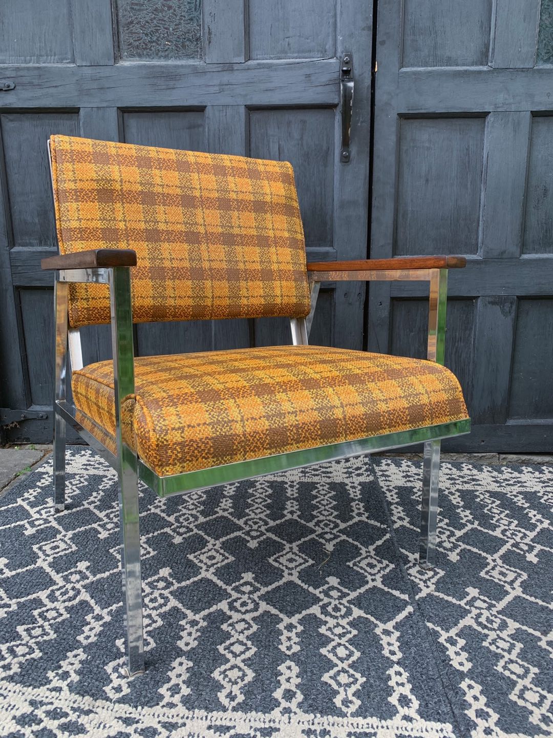 MCM Vintage Yellow Plaid and Chrome Chair with Walnut Accents  - photo 4