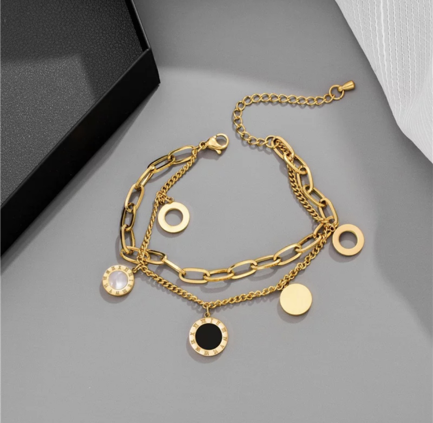Chain Bracelet, Black & Gold Toned, Pearl