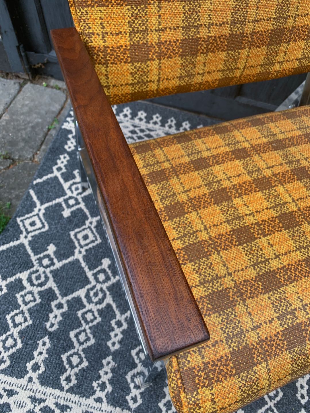 MCM Vintage Yellow Plaid and Chrome Chair with Walnut Accents  - photo 5