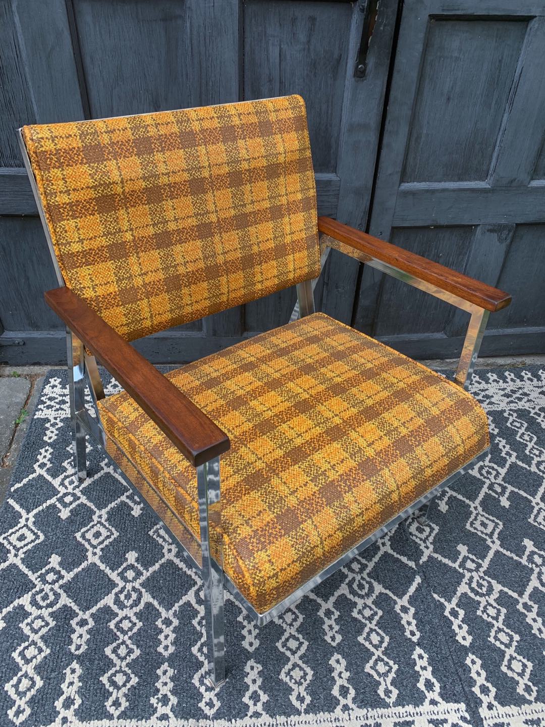 MCM Vintage Yellow Plaid and Chrome Chair with Walnut Accents  - photo 2