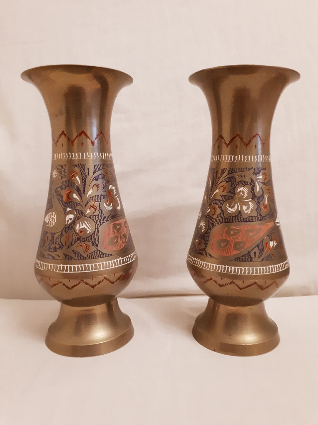 2 Indian vintage hand etched brass vases bird flower design thumbnail