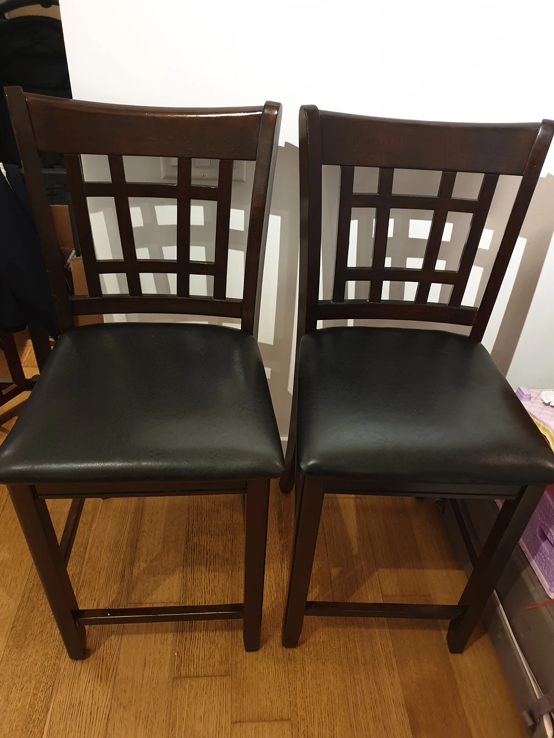 Set of two dark brown wood and faux leather counter/bar stools thumbnail