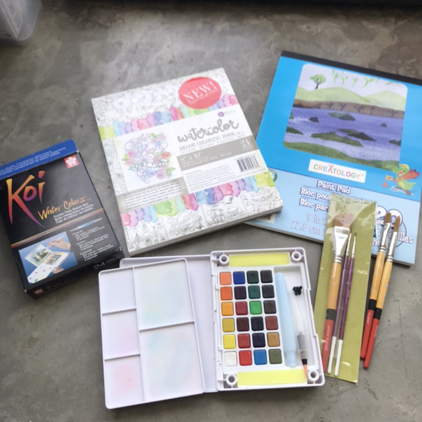 Pocket water colors, brushes, & coloring book