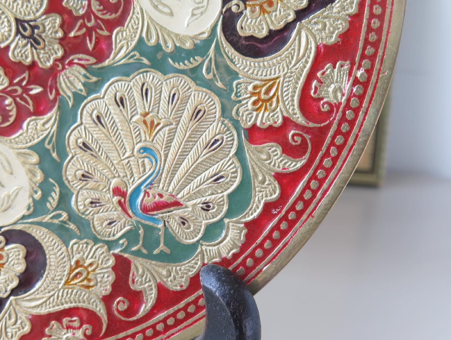 Vintage brass enamel hand painted plate 🦚 image indicator(4)
