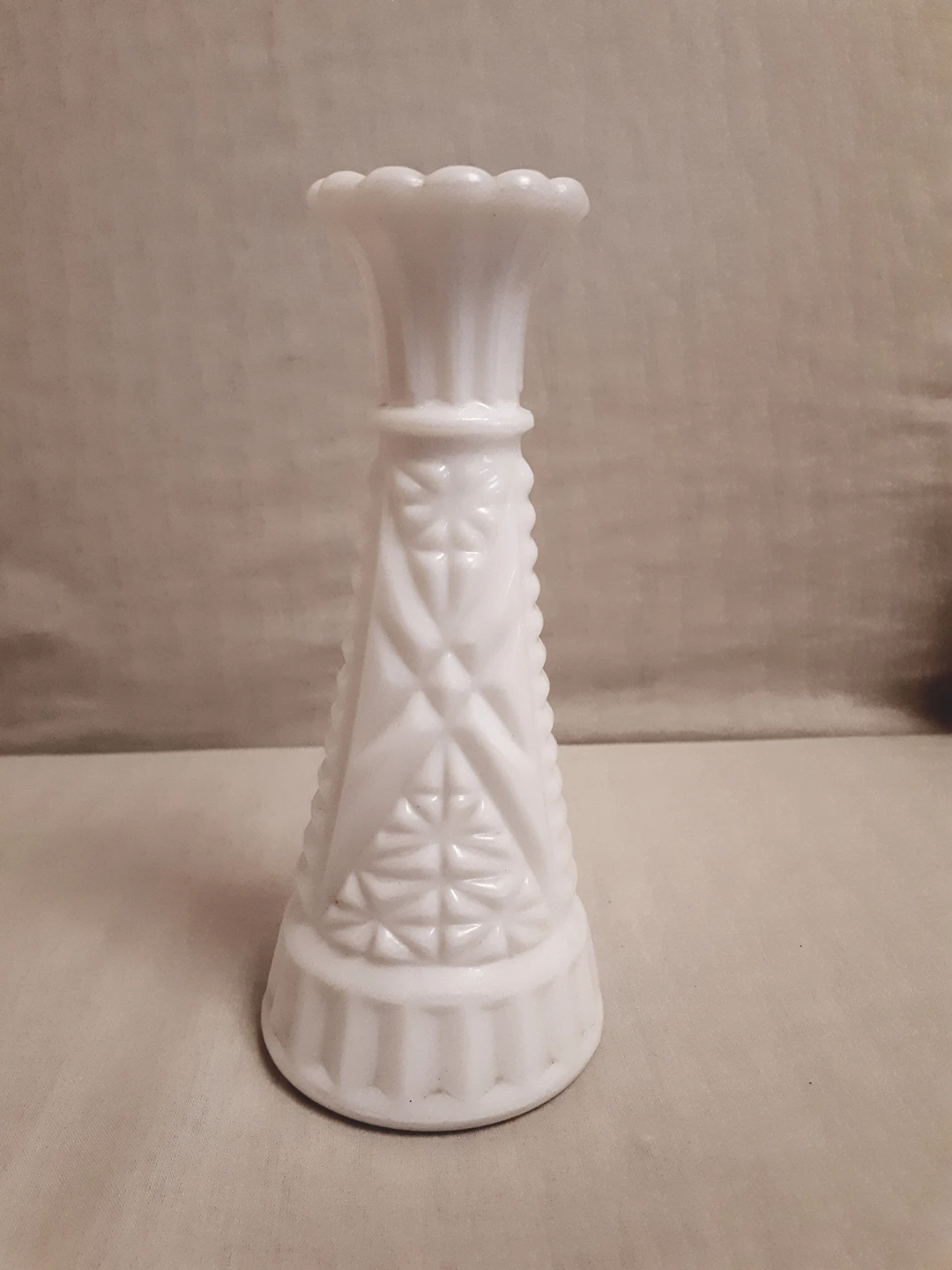 Vintage milk glass bud vase stars and bars design thumbnail