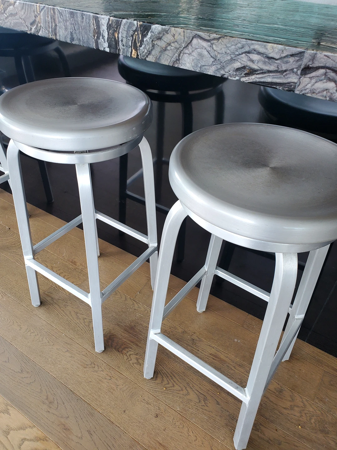 Set Of Two: Brushed Aluminum Backless Swivel Bar Stools