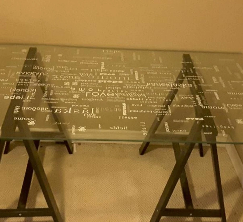 REDUCED! Ikea Love Glass Table and 2 black trestles thumbnail