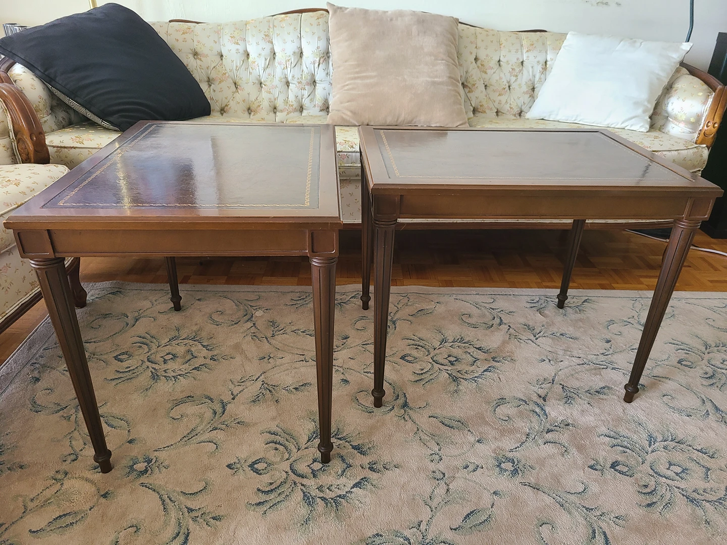 2 Wood side tables with leather top