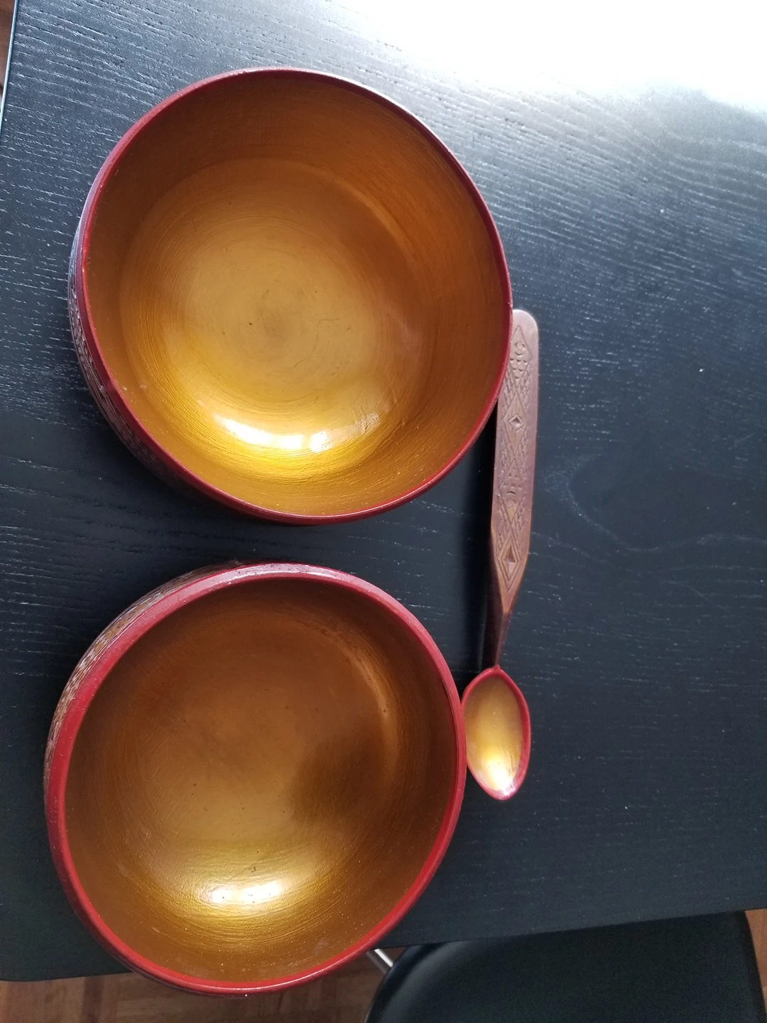 Russian Lacquer Bowls and spoon. Gold Red Fish Carving - photo 3