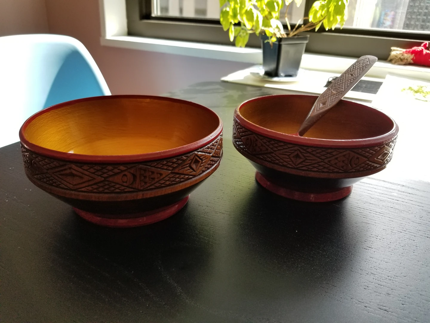Russian Lacquer Bowls and spoon. Gold Red Fish Carving