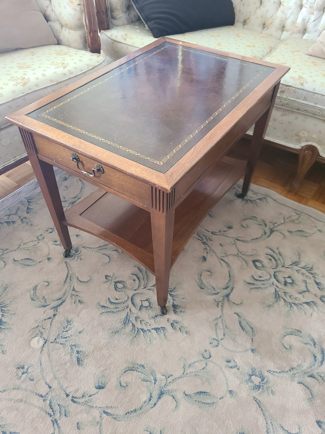 Wood side table with leather top